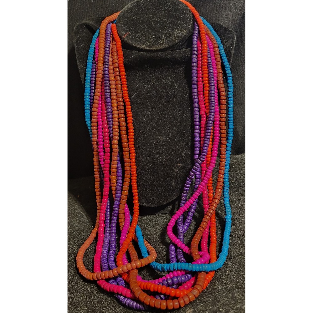 VTG 80's Multicolor-strand Seed Bead Statement Necklace Boho 27in Mrs Roper